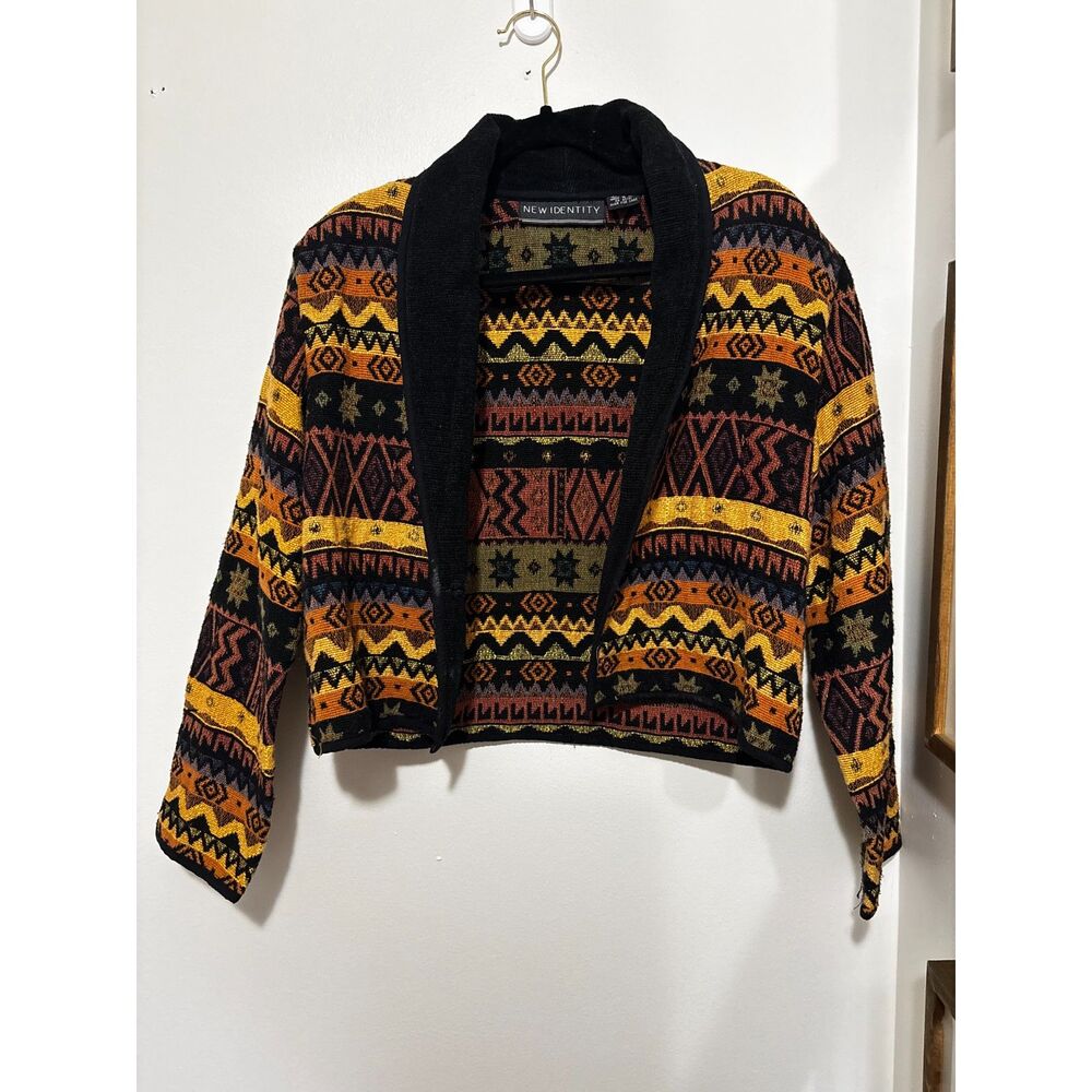 New Identity Tribal Aztec Tapestry Jacket Cropped Open Front Womens S‎